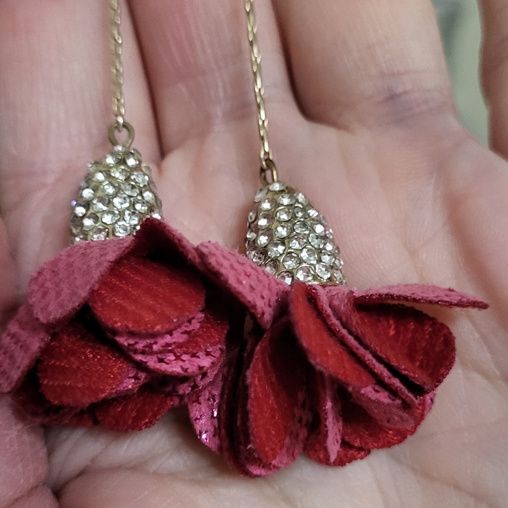Elegant Gold Rhinestone Pink/Maroon Fabric Flower Drop Earrings